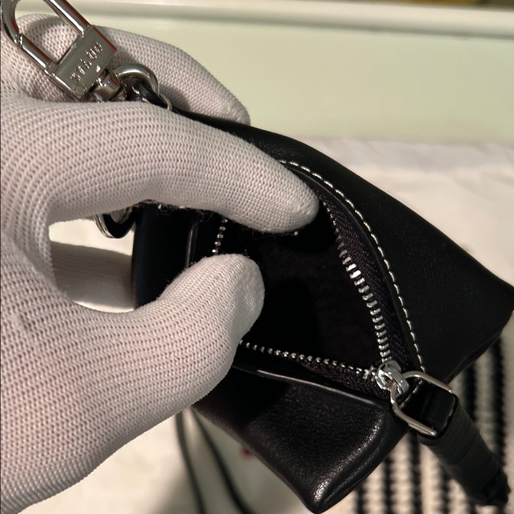 NWOT STAUD Artisanal Black & Cream Crochet Pouch & Black Leather Mini Bag Charm. - Picture 4 of 15